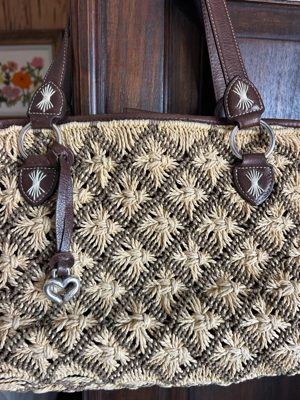 Vintage Brighton Woven Straw Tote Bag with Brown Leather Accents with Heart - Picture 2 of 10